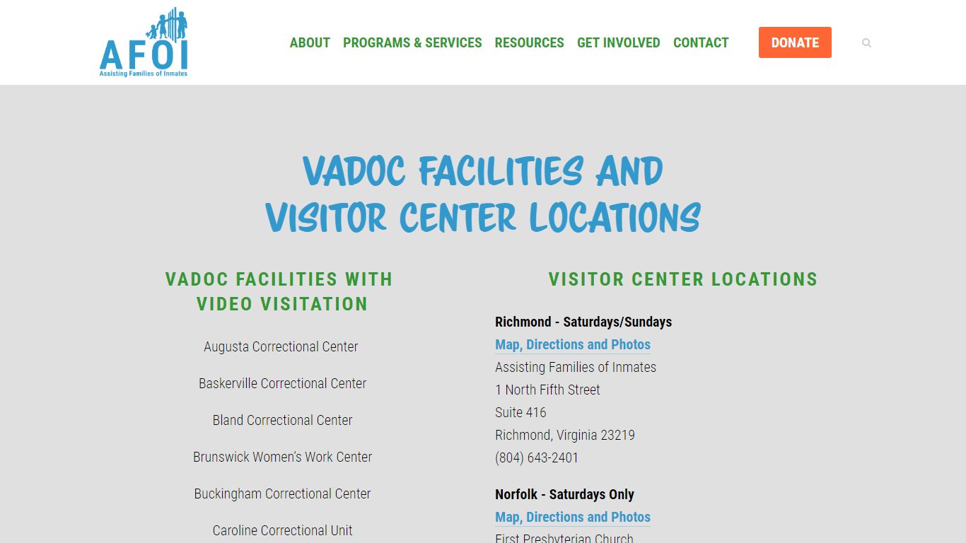 Video Visitation Facilities & Visitor Center Locations — AFOI